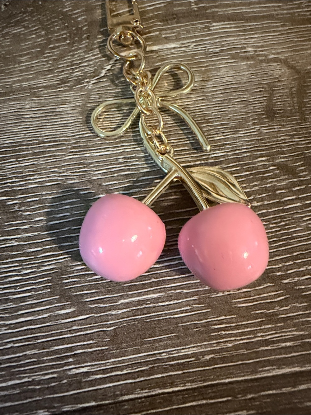 Gold Bow and Pink Cherry Bag Charm Keychain New Hangs 4.25” - Picture 4 of 4